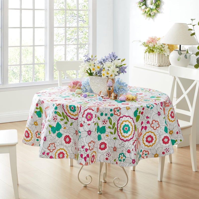 Newbridge Easter Shabby Chic Lily Print 70 Inch Round Vinyl Flannel Backed Tablecloth, Pink Yellow and Green Lily Indoor and Outdoor Waterproof Vinyl Table Cover for Spring Holiday Party - Image 1